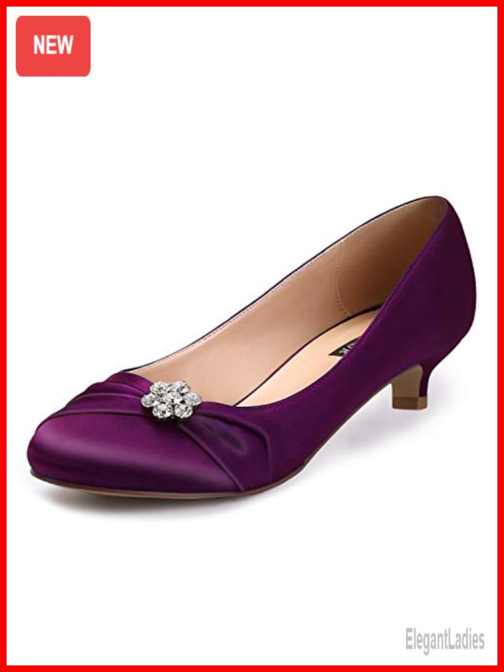 Satin Kitten Heel Pumps with Rhinestone Brooch for Wedding Evening Party
